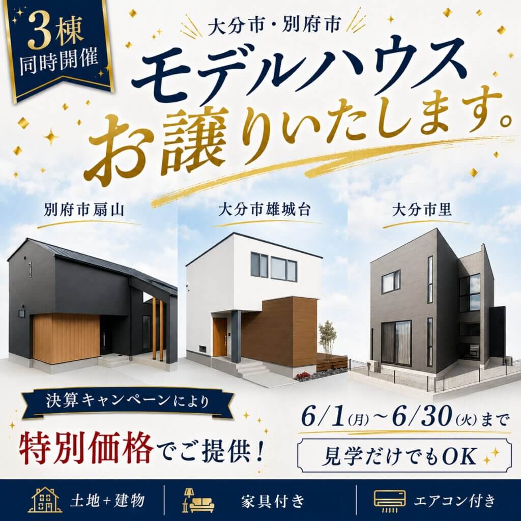 【大分市・別府市】 今すぐ住めるモデルハウス、決算キャンペーンの特別価格で公開中🏡